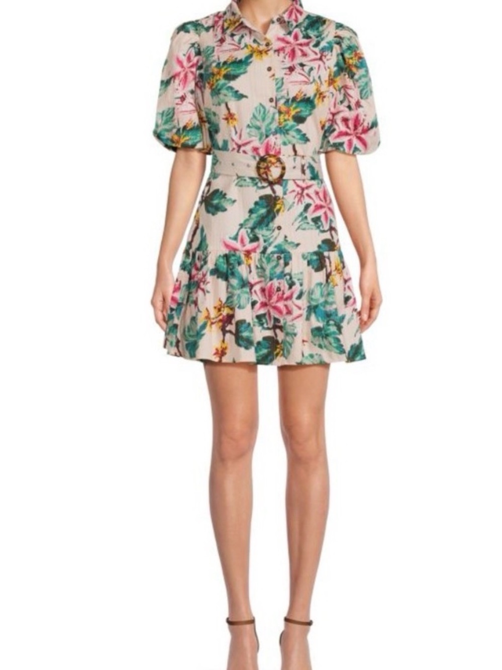 Walter Baker Tyanna Floral Short Tie-Waist Dress with Green and Pink Accent